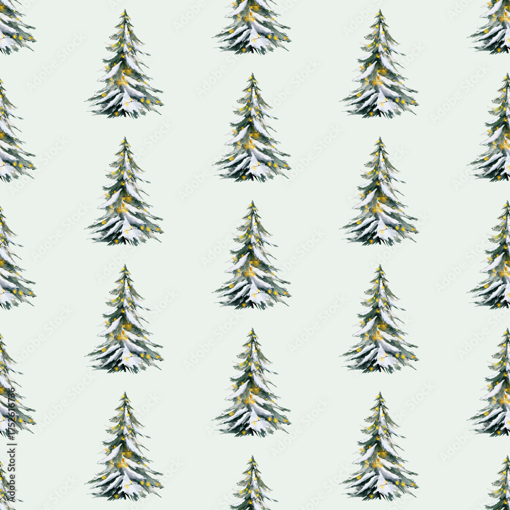 Obraz premium Seamless watercolor pattern with snowy Christmas trees and yellow lights. For winter fabrics, wrapping paper, and festive prints.