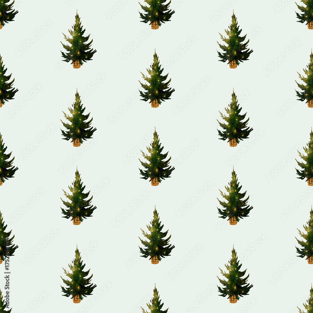 Obraz premium Watercolor seamless pattern with green Christmas trees in wooden pots decorated with golden stars on soft green background. For winter fabrics, wrapping paper, gift boxes, and holiday cards.
