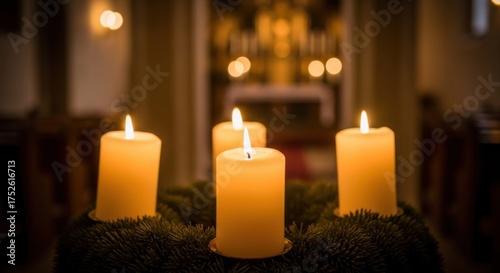 A beautiful advent wreath with four lit candles sits in a church preparing for Christmas celebrations a time for reflection and family gatherings
