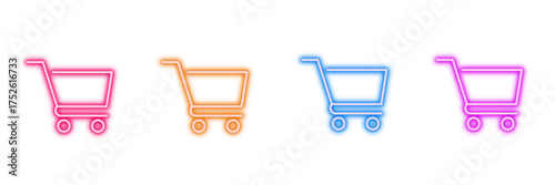 Neon glowing shopping cart vector icons set, e-commerce, online shopping, retail, market, purchase, vibrant colorful digital business design illustration on transparent background.