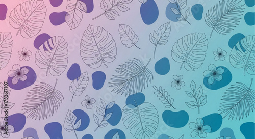 Seamless pattern with tropical leaves and flowers on a gradient background, creating a vibrant and exotic design perfect for summer textiles and wallpapers