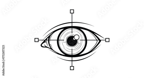 Stylized eye with crosshairs and target squares, black and white illustration