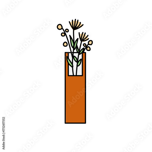 オレンジの花瓶に生けられたドライフラワーのベクターイラスト｜ナチュラルで落ち着いた色合いが特徴で、インテリアやフラワーデザイン、ボタニカル装飾の素材として使いやすい構成