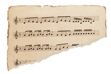 Scrap of old music sheet, vintage yellowed ripped paper with notes isolated. Piece of old torn vintage music sheet. 