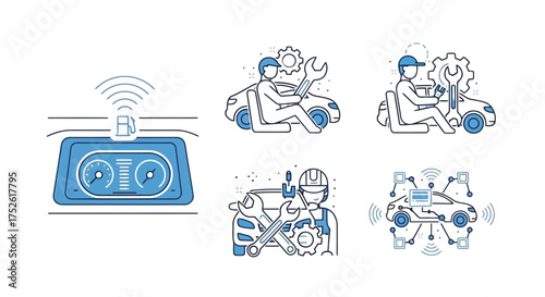 Car technology and repair icons: dashboard, mechanics, and connectivity