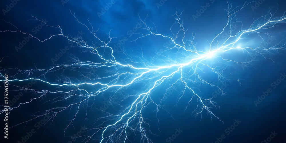 Fototapeta premium Intense electric blue lightning strikes across a dark stormy sky illuminating the night with powerful branching energy and a bright central flash