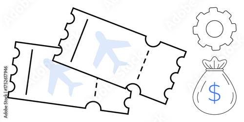 Two airplane tickets with a gear and money bag symbolizing air travel, cost optimization, resource management, and vacation planning. Ideal for transport, savings, booking, tourism, finance