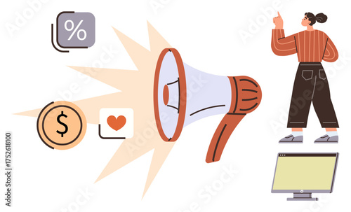 Megaphone emphasizes percentage, dollar, and heart symbols as a woman gestures toward a computer screen. Ideal for marketing, outreach, communication strategies, advertising, promotion, engagement