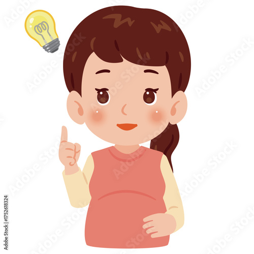 閃く妊婦さん　上半身イラスト／Pregnant Woman with Bright Idea　upper body illustration