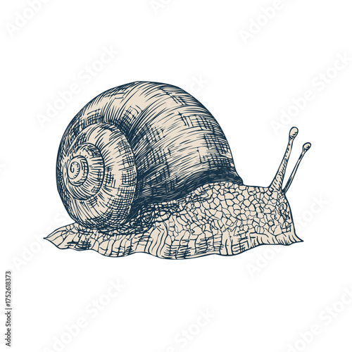 Detailed ink engraving of a snail drawn with fine lines on white background. Suitable for graphic design, nature illustration, eco product labels, and educational projects.