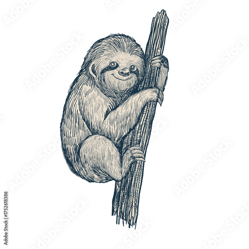 Detailed ink graphic illustration of a sloth hanging on a tree branch on white background. Perfect for wildlife art, educational materials, vintage posters, and tropical design projects.