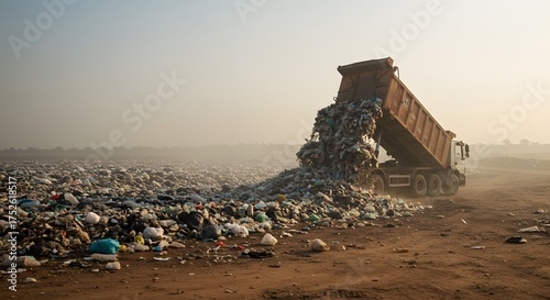 Garbage Truck Discharging Waste at Landfill Site