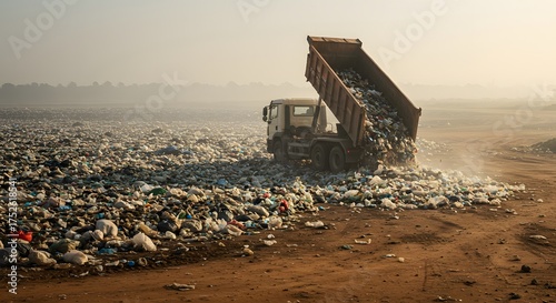 Dump Truck Offloading Waste at Landfill Site