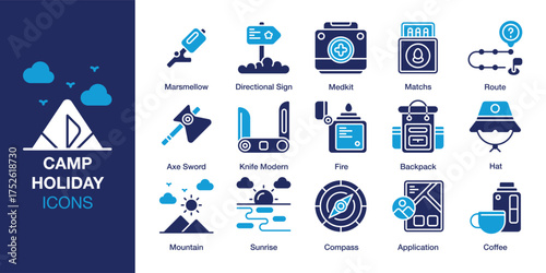 Camp Holiday icon set. Containing vacation, outdoor, camp, adventure, trip, camping and more. Solid vector icons collection. Vector illustration.