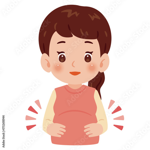 胎動を感じる妊婦さん　上半身イラスト／Pregnant Woman Feeling Baby Kicks　upper body illustration