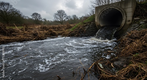 Discharge Pipe Releasing Water into Creek on Overcast Day