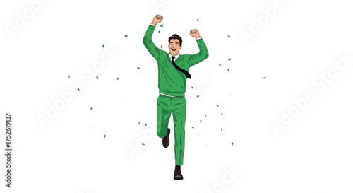 Man in Green Suit Celebrating with Confetti, Victory and Success