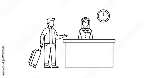 Man with suitcase at hotel reception desk with female attendant and clock
