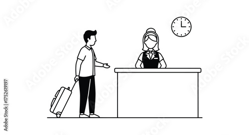 Man with suitcase at reception desk with attendant and clock