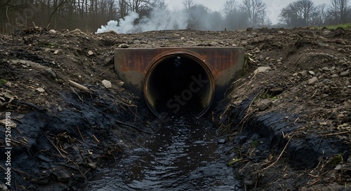 Polluted Drainage Pipe with Toxic Water Flowing