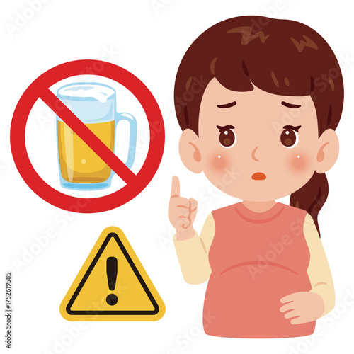 妊婦さんとアルコールの禁止マーク　上半身イラスト／Pregnant Woman with No Alcohol Sign　upper body illustration