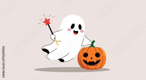 A cute ghost holding a magic wand and a happy pumpkin in a playful pose.