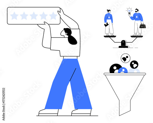 Person holding a five-star review, professionals on a scale evaluating ideas, funnel filtering customer profiles. Ideal for customer engagement, business growth, teamwork, evaluation