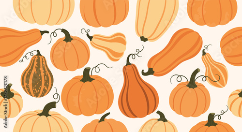 A delightful pattern of assorted autumnal gourds and pumpkins in warm orange hues.