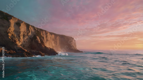 Coastal Twilight Serene Waves Meet Rocky Cliffs Under a Vivid Sky - A Breathtaking Landscape