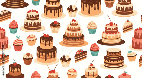 A delightful collection of pixel art cakes and cupcakes with various toppings and decorations.