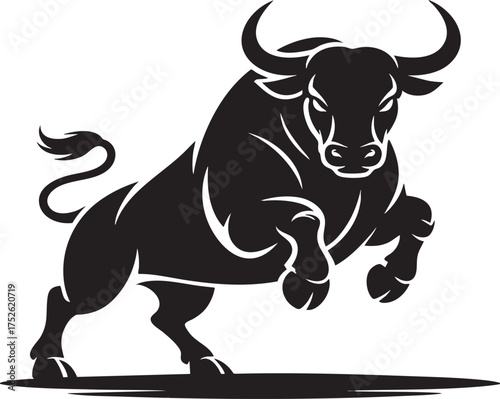A striking black silhouette of a bull rearing up on its hind legs with a menacing expression on white