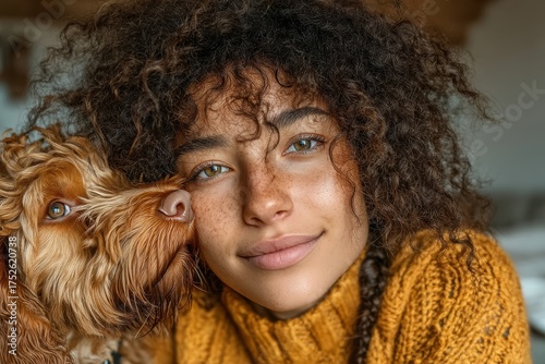 Young woman smiling with her dog in a cozy living room setting