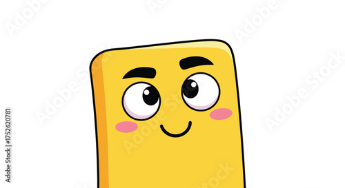 A cute cartoon yellow rectangle character with blushy cheeks and big eyes looks up in wonder.