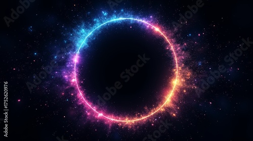 Fantastic lens flare and halo of light. A glowing circular ring of multicolored particles