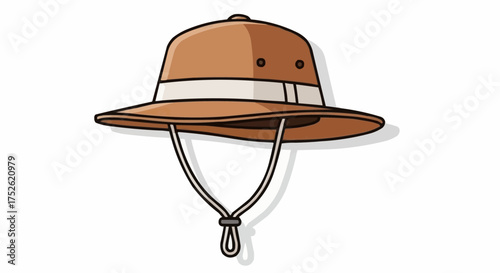 Hand-drawn illustration of a classic brown safari hat, complete with a white band and a chin strap, symbolizing adventure, exploration, and outdoor travel themes