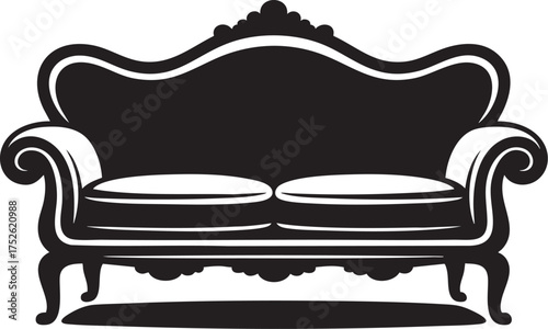 A black and white silhouette of an ornate victorian style sofa with two cushions and curved legs