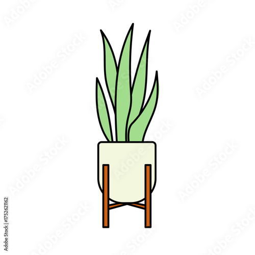 木製スタンドに置かれた鉢植えの観葉植物を描いたベクターイラスト｜ナチュラルで落ち着いたトーンが特徴で、モダンインテリアや北欧風デザイン素材にも使いやすい構成