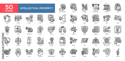 Intellectual Property collection set. Investment, Intagible Asset, Goverment, Agreement ,Incentive, Creation ,Protection, Innovation, icon. Simple outline vector illustration