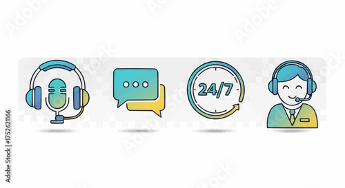 Modern flat design icon pack for business communication and customer support themes, featuring agent, headset, and 24/7 help desk symbols