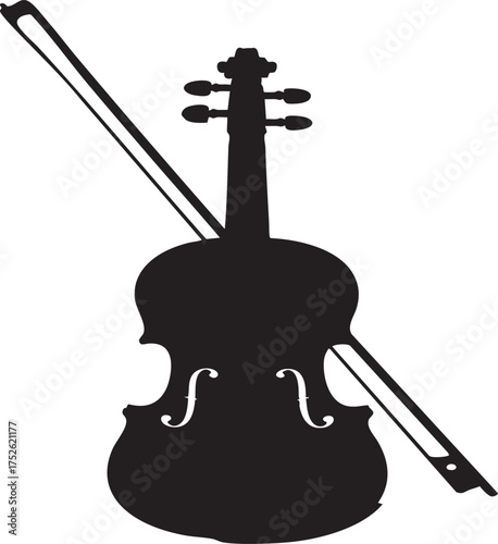 A silhouette of a violin with a bow resting against it on a plain white background in stark contrast