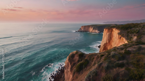 Coastal Cliffs at Sunset Serene View of Rocky Shoreline, Calm Waters, and Golden Light