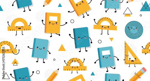 A playful pattern of kawaii school supplies with happy faces dances across the background.