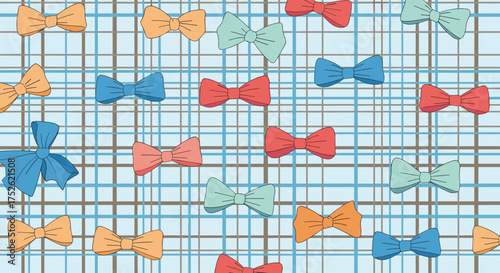 A delightful collection of colorful bow ties scattered across a charming grid background pattern.