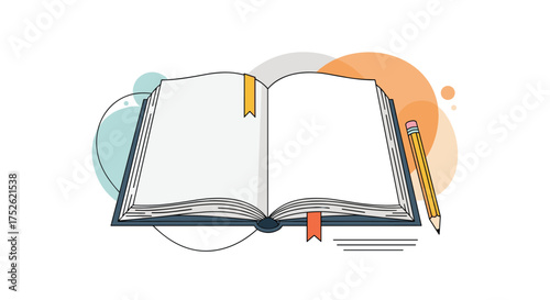 An open book with a pencil nearby suggests learning and creativity in a colorful and abstract setting.