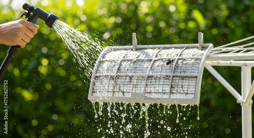 清潔感のあるフィルター洗浄と乾燥の構図