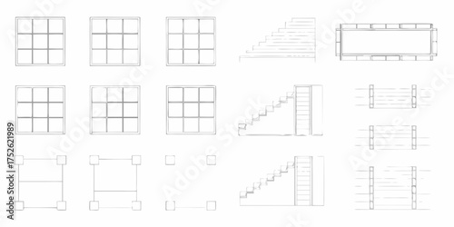 Architectural sketches show building elements including windows stairs and structural components in a grid layout