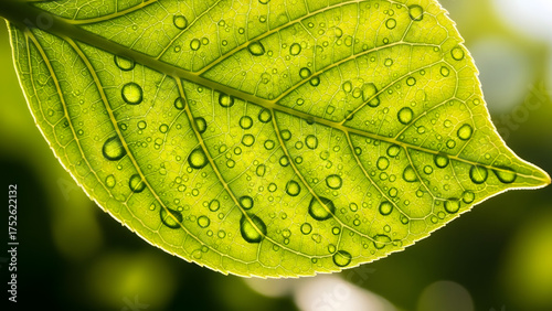 Verdant Leaf with Water Droplets A Close-Up View of Nature's Beauty, Capturing Detail