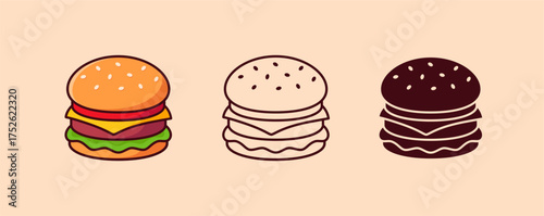 Hamburger vector illustration. Cartoon, line drawing, silhouette