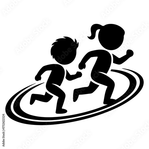 Dynamic duo in motion, captured in a symbol of energy and growth. Two figures, a boy and a girl, are depicted running with zest and determination, set against a stylized elliptical backdrop. 