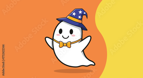 A cute friendly ghost wearing a wizard hat and bowtie dances joyfully.